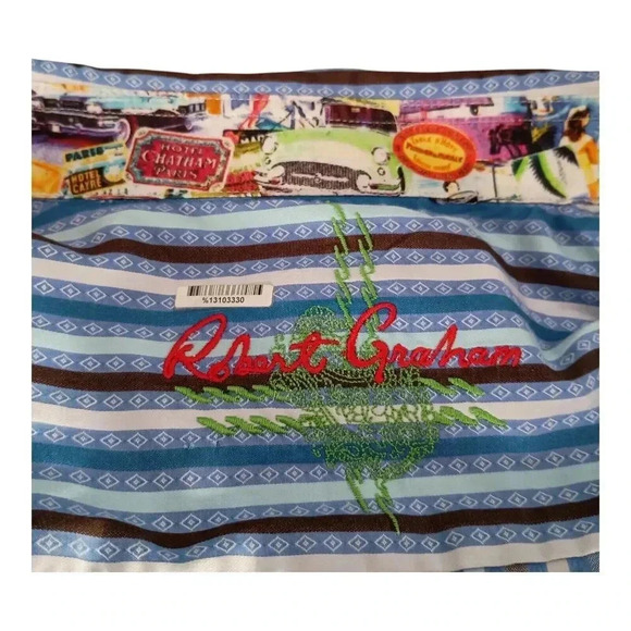 Robert Graham Embroidered Shirt Button Front Striped Diamond Men's XL - Picture 7 of 9